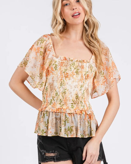 Mittoshop Floral Chiffon Smocked Square Neck Peplum Top 