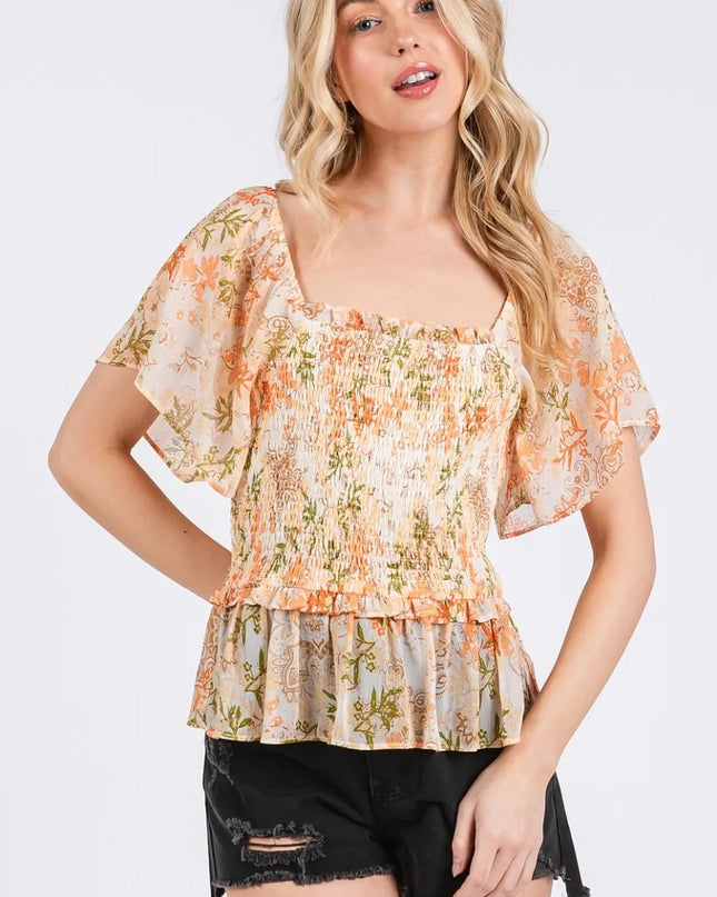 Mittoshop Floral Chiffon Smocked Square Neck Peplum Top 
