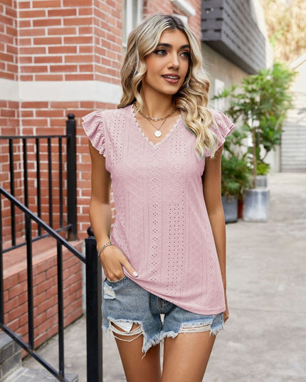 Eyelet Flutter Sleeve Scalloped V-Neck Top