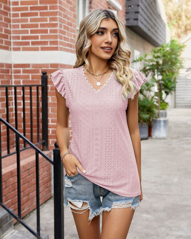 Eyelet Flutter Sleeve Scalloped V-Neck Top
