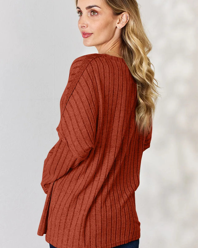 Basic Bae Full Size Ribbed Half Button Long Sleeve T-Shirt