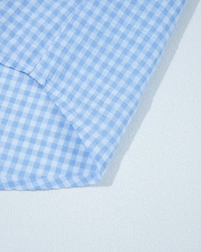 Gingham Print Puff Sleeve Button-Up Shirt