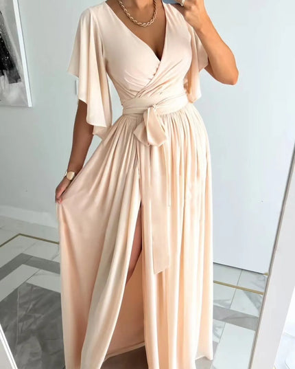 Flutter Sleeve Surplice Tie Waist Dress Khaki