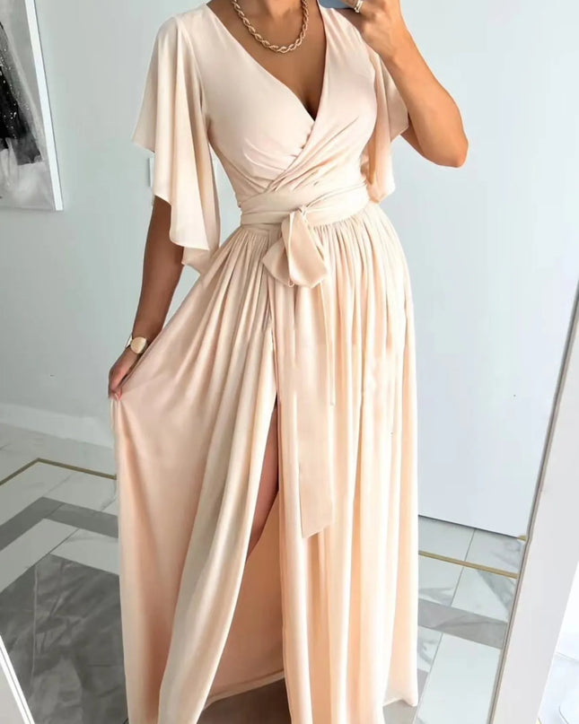 Flutter Sleeve Surplice Tie Waist Dress Khaki