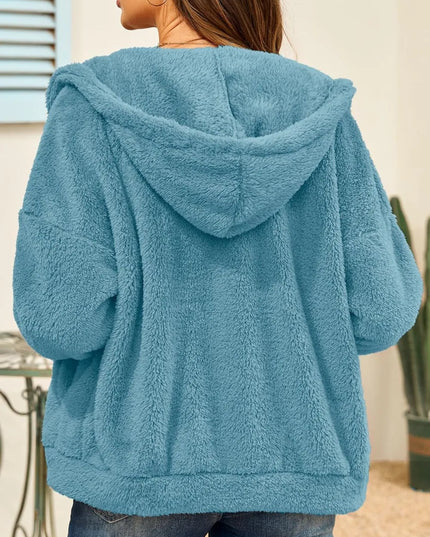 Drawstring Zip Up Hooded Plush Jacket