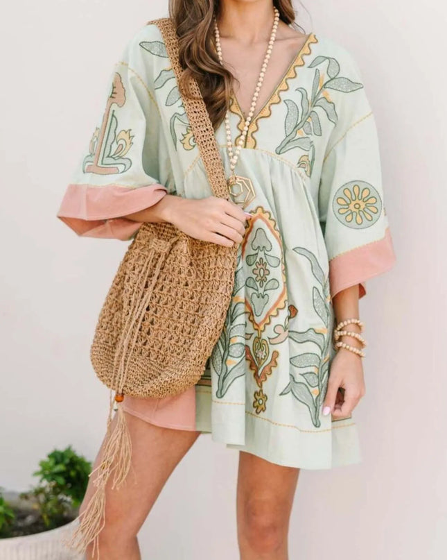 Printed V-Neck Kimono Sleeve Mini Dress Sage