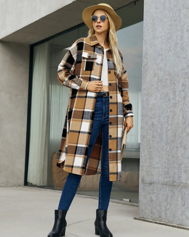 Plaid Pocketed Button Up Trench Coat 