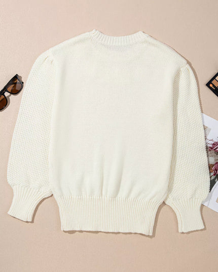 Flower Detail Round Neck Contrast Textured Puff Sleeve Sweater