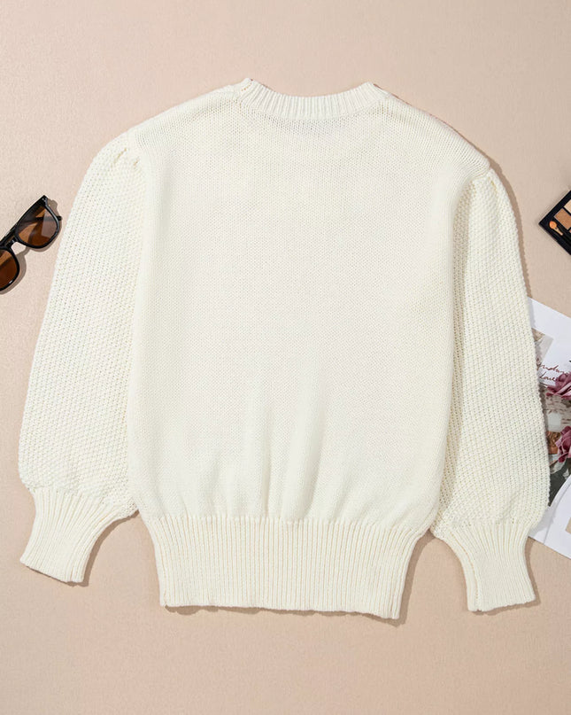Flower Detail Round Neck Contrast Textured Puff Sleeve Sweater