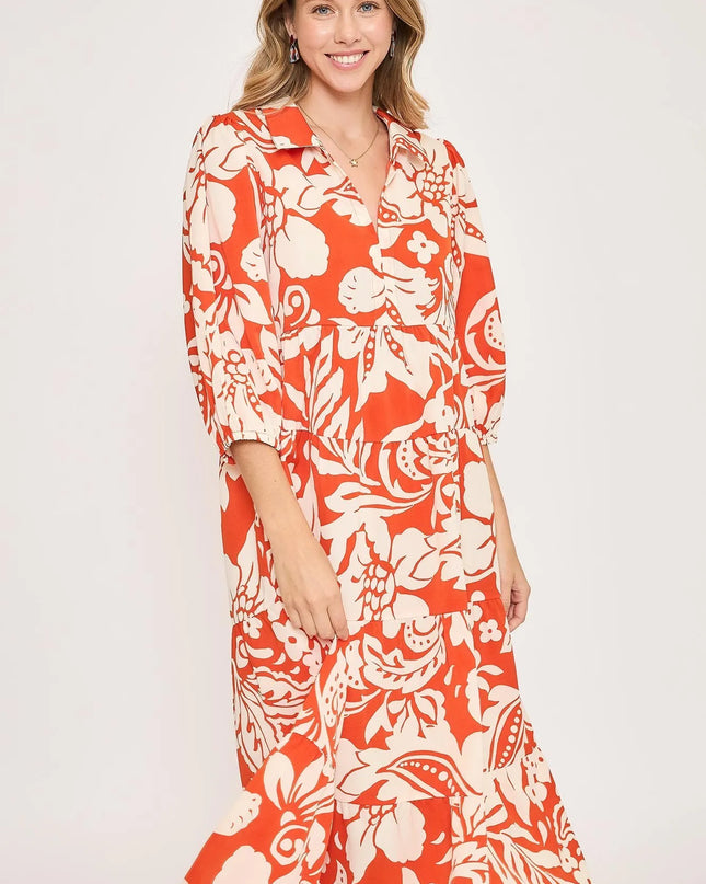 Umgee Floral Print Tiered Midi Dress