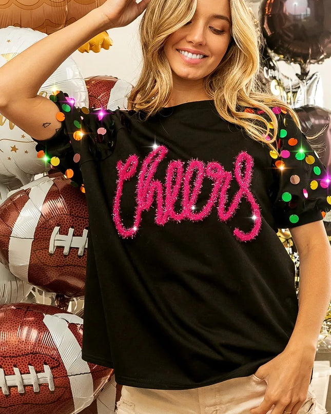 BiBi Metallic Letter Spangle Raglan Puff Sleeve Top BLACK