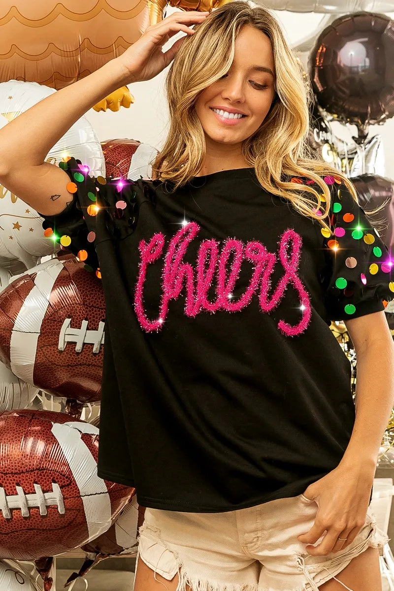 BiBi Metallic Letter Spangle Raglan Puff Sleeve Top BLACK