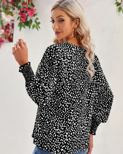 Printed V-Neck Lantern Sleeve Blouse