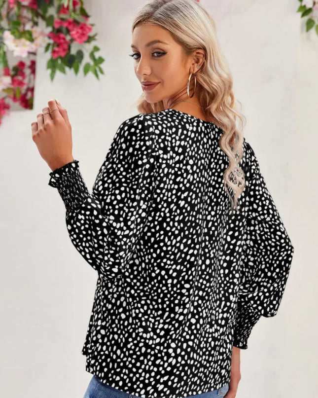 Printed V-Neck Lantern Sleeve Blouse