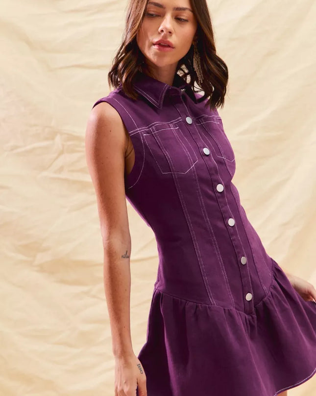 SO ME Button Down Sleeveless Collared Game Day Mini Dress