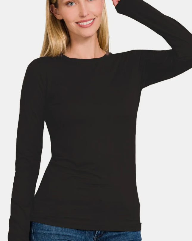 Zenana Full Size Brushed Microfiber Long Sleeve Round Neck T-Shirt