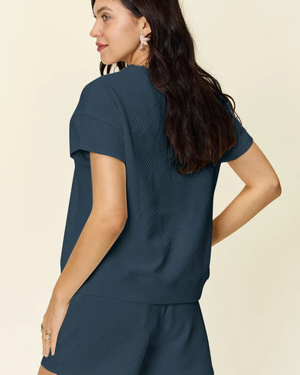 Double Take Full Size Texture Short Sleeve T-Shirt and Drawstring Shorts Set 