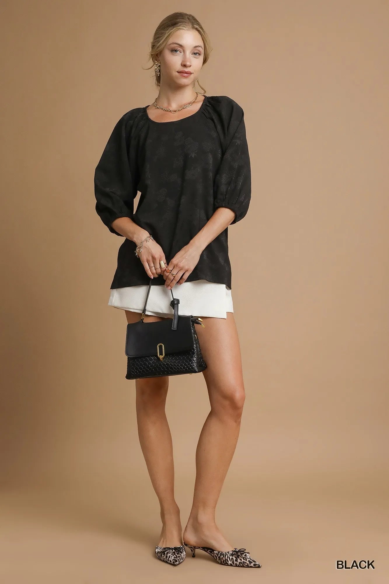 Umgee Satin Jacquard Balloon Sleeve Blouse