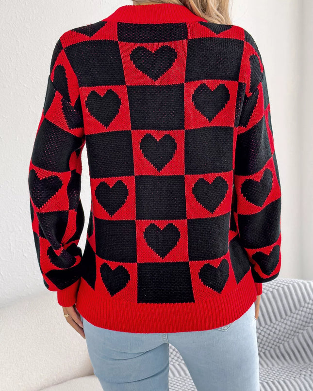 Heart Checkerboard Pattern Round Neck Sweater