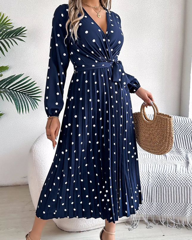 Front Tie Polka Dot Midi Pleated Dress