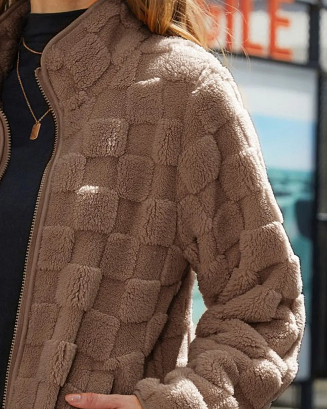 Fuzzy Checkered Zip Up Jacket