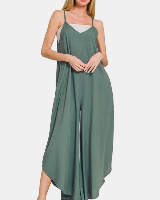 Zenana Sleeveless Curved Hem Wide Leg Overalls with Pockets