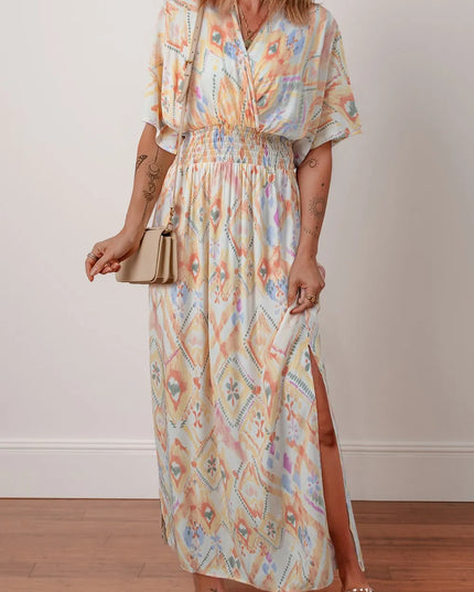 Printed Half Sleeve Shirred High Waist Maxi Dress Floral