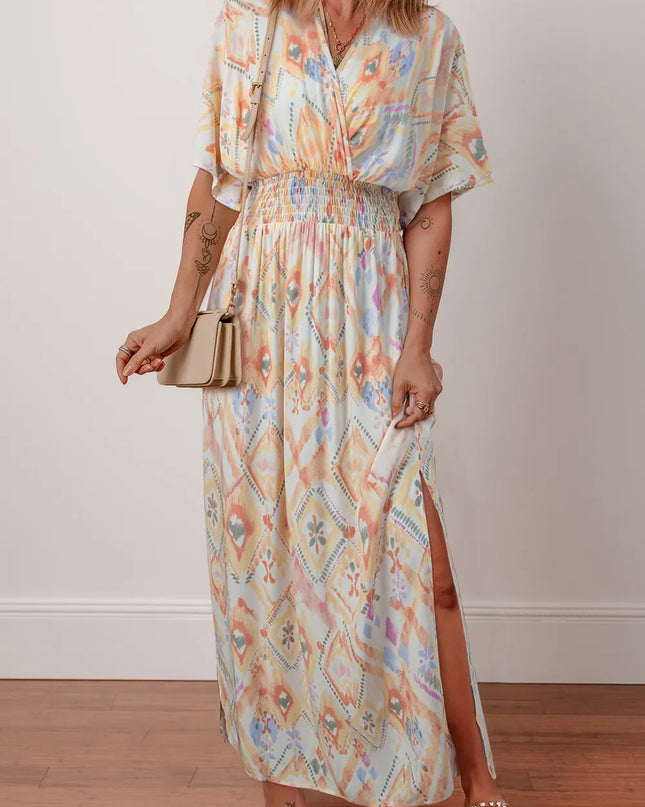 Printed Half Sleeve Shirred High Waist Maxi Dress Floral