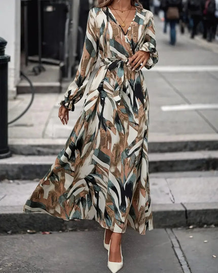 Printed Surplice Long Sleeve Maxi Dress