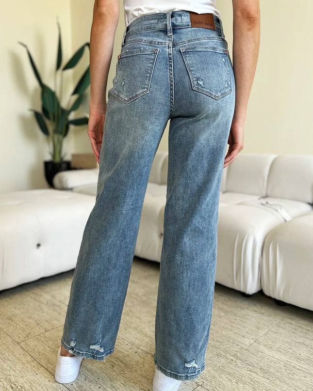 Judy Blue Full Size Mid Rise Distressed Straight Jeans