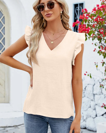 Ruffled V-Neck Cap Sleeve Blouse 