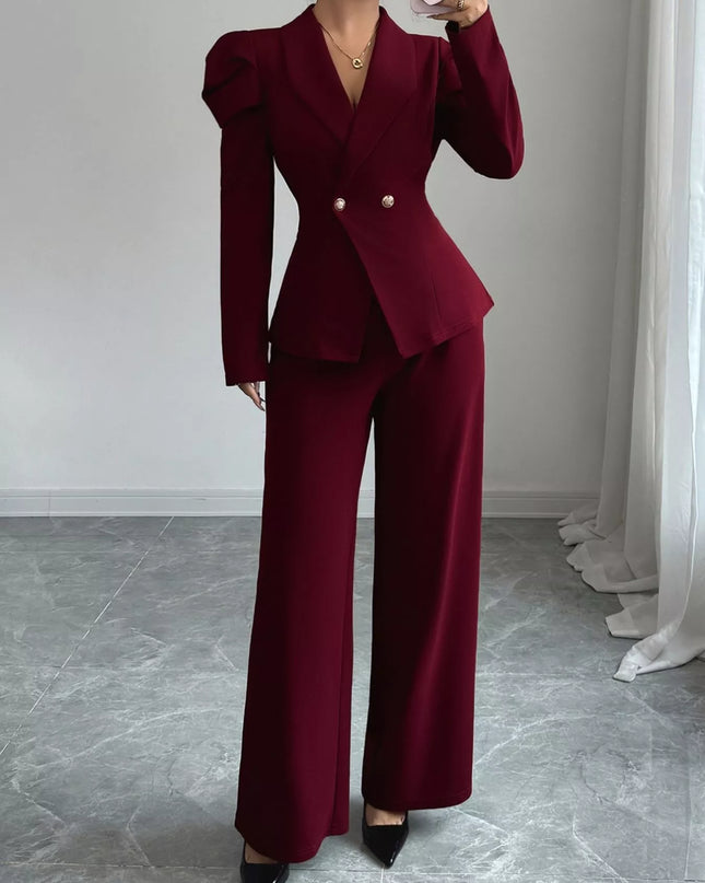 Double-Breasted Blazer and Pants Suit Set Burgundy