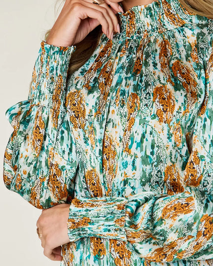 Double Take Full Size Printed Smocked Long Sleeve Blouse