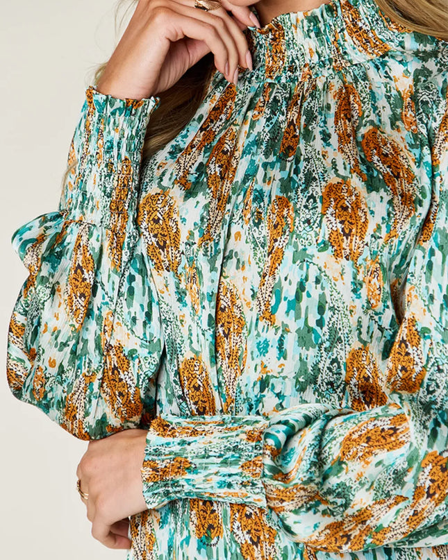 Double Take Full Size Printed Smocked Long Sleeve Blouse