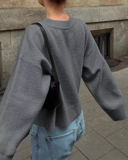 Ribbed Round Neck Dropped Shoulder Sweater