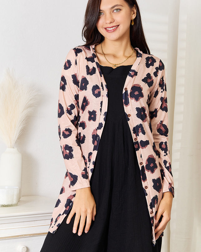 Double Take Printed Button Front Longline Cardigan Leopard
