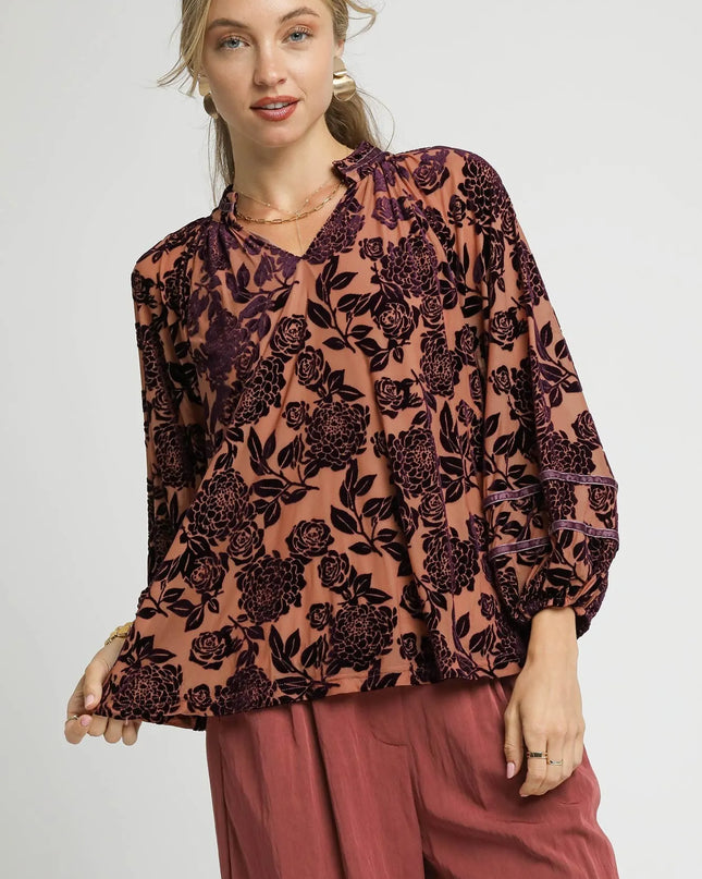 Umgee Floral Velvet Blouse with Balloon Sleeves GRAPE