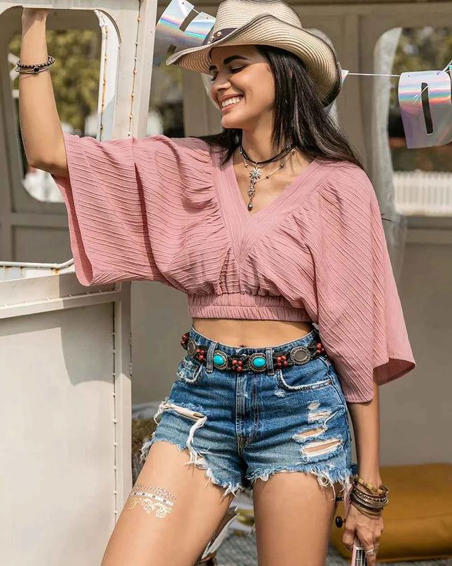 Textured V-Neck Crop Top