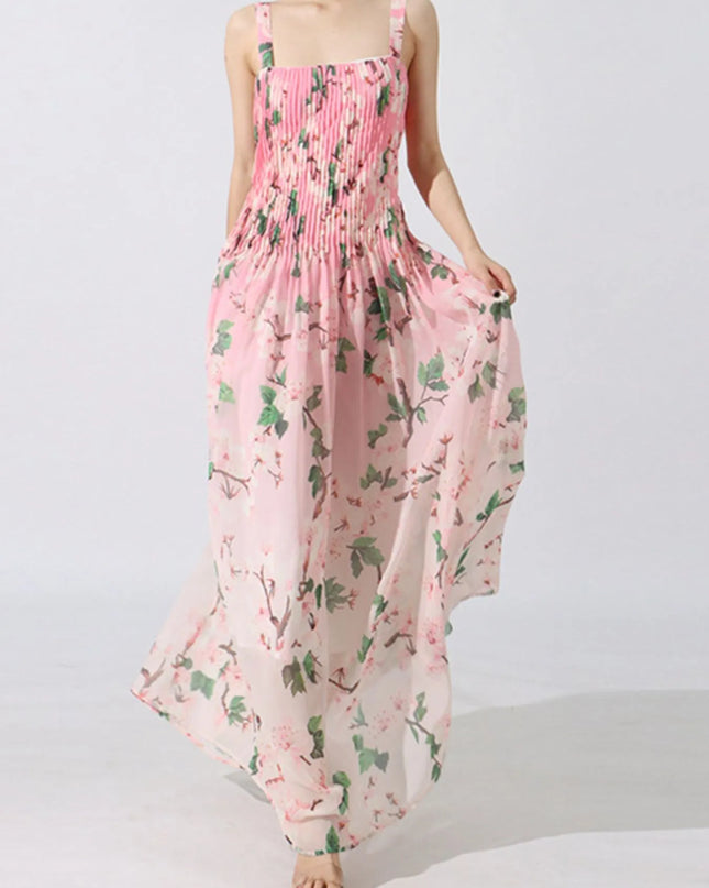 Floral Print Pleated Maxi Dress Pink