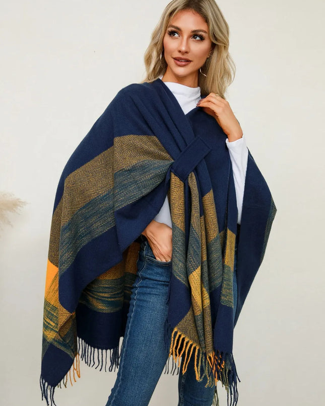 Fringe Contrast Plaid Poncho Navy One Size