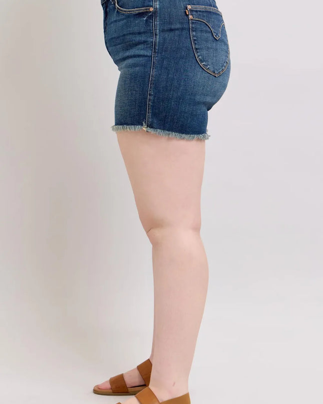 Judy Blue Tummy Control Fray Hem & Shield Back Pockets Denim Shorts