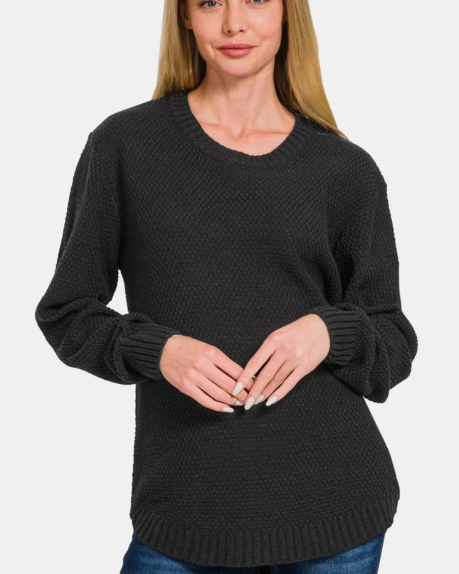 Zenana Full Size Round Neck Long Sleeve Curved Hem Sweater Black
