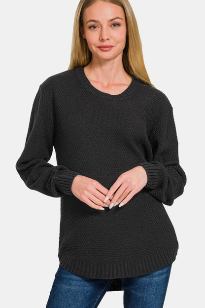 Zenana Full Size Round Neck Long Sleeve Curved Hem Sweater Black