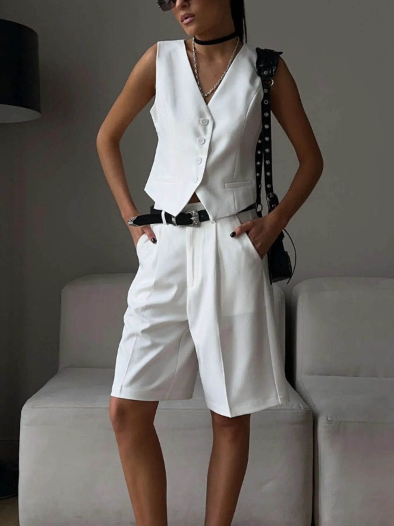 V-Neck Vest and Pants Two-Piece Blazer Set