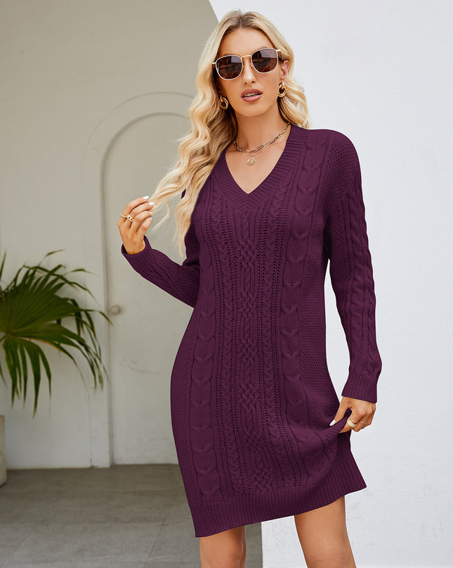 Cable-Knit V-Neck Mini Sweater Dress Wine