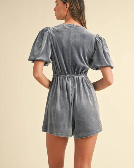 Mable Jewel Bow Decor Puff Sleeve Velvet Romper