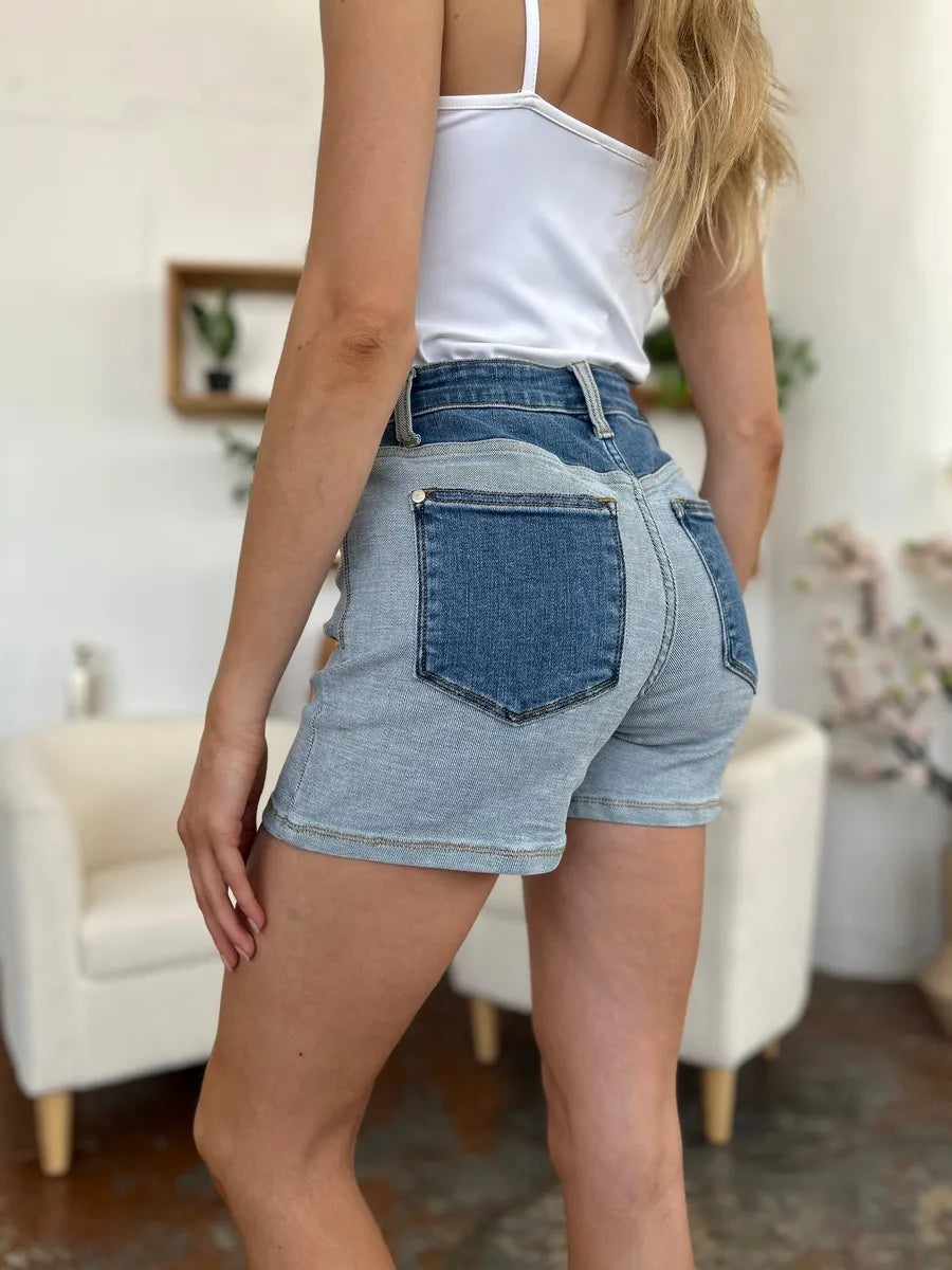 Judy Blue Full Size Color Block Denim Shorts LT MD