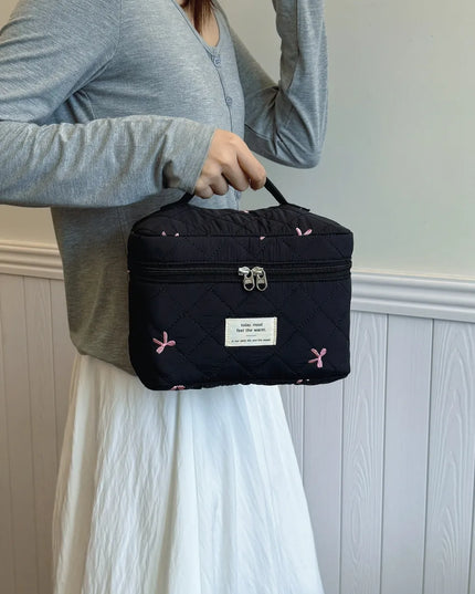 Bow Embroidered Quilted Storage Bag with Zip