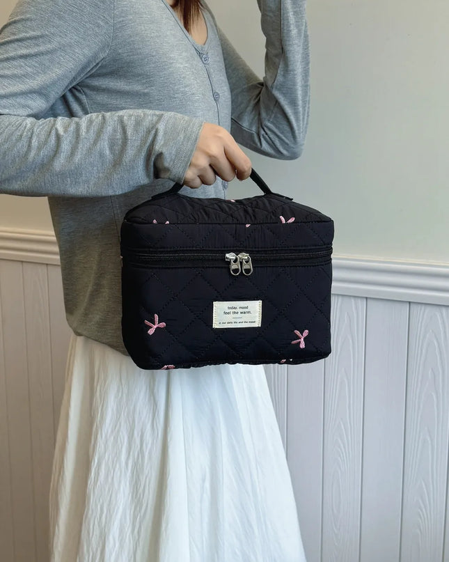 Bow Embroidered Quilted Storage Bag with Zip