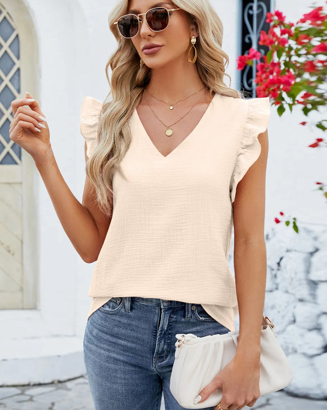 Ruffled V-Neck Cap Sleeve Blouse 